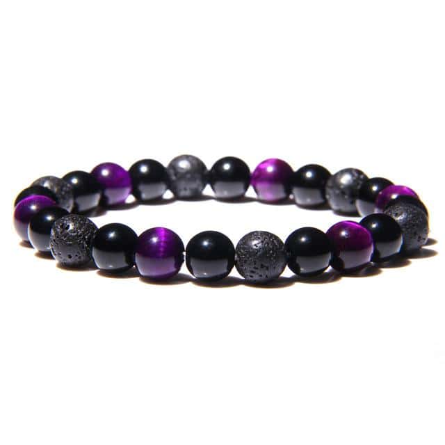 Pulseira Anti-Stress <Br>Ágata Violeta, Obsidiana Preta E Pedra De Lava