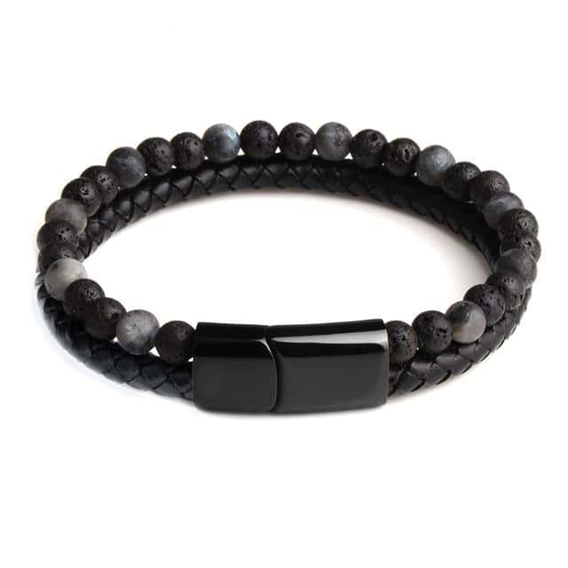 Pulseira Anti-Stress <Br>Couro, Obsidiana Preta E Pedra De Lava