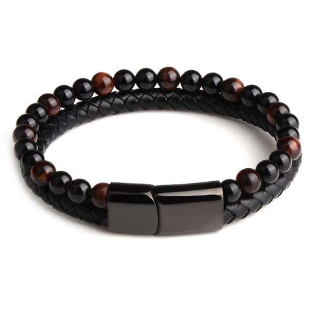 Pulseira Anti-Stress <Br>Couro, Obsidiana Preta E Olho De Tigre Vermelho
