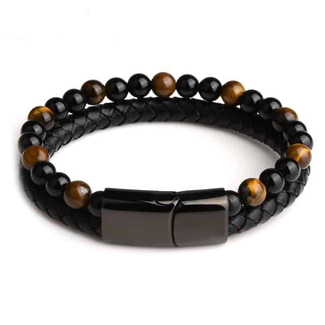 Pulseira Anti-Stress <Br>Couro, Obsidiana Preta E Olho De Tigre