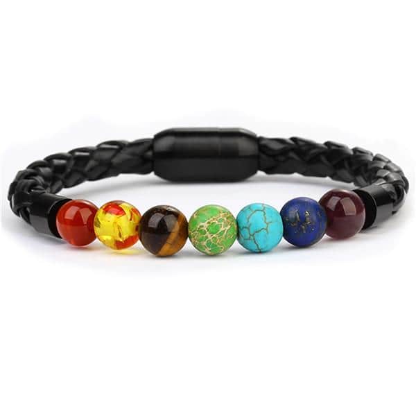 Pulseira Anti-Stress <Br>Couro Tecido 7 Chakras