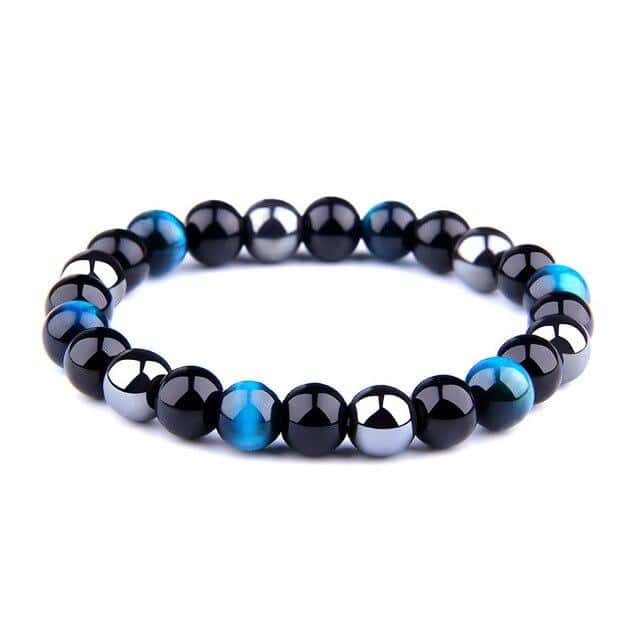 Pulseira Anti-Stress <Br>Em Olho De Tigre Azul, Obsidiana Preta E Hematite