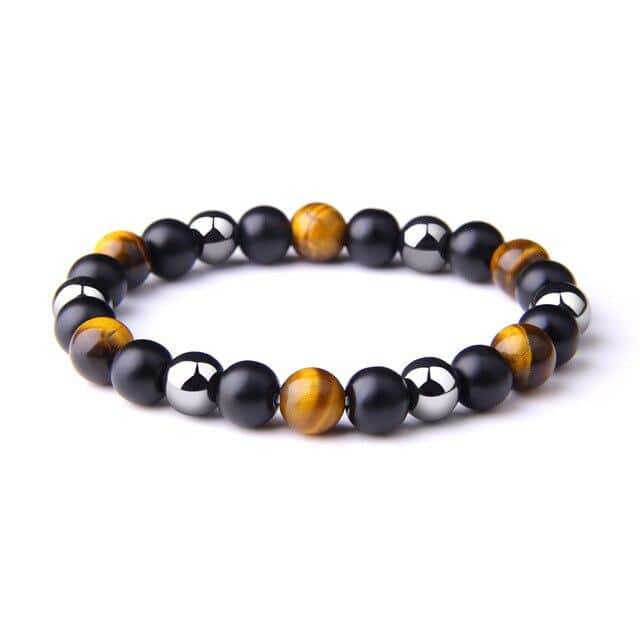 Pulseira Anti-Stress <Br>Em Olho De Tigre Amarelo, Obsidiana Preta E Hematite