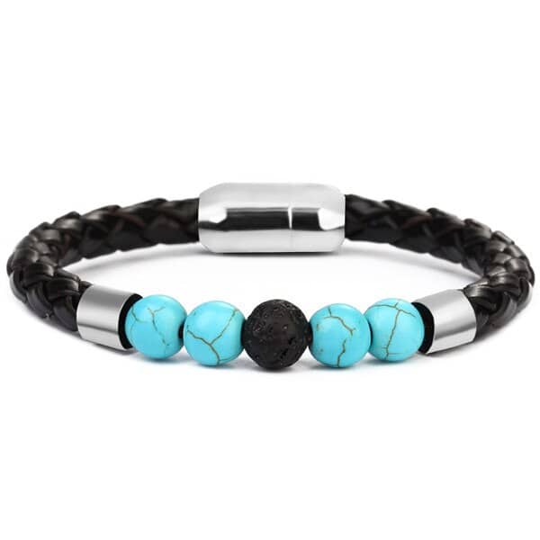Pulseira Anti-Stress <Br>Couro Tecido Pedra Turquesa